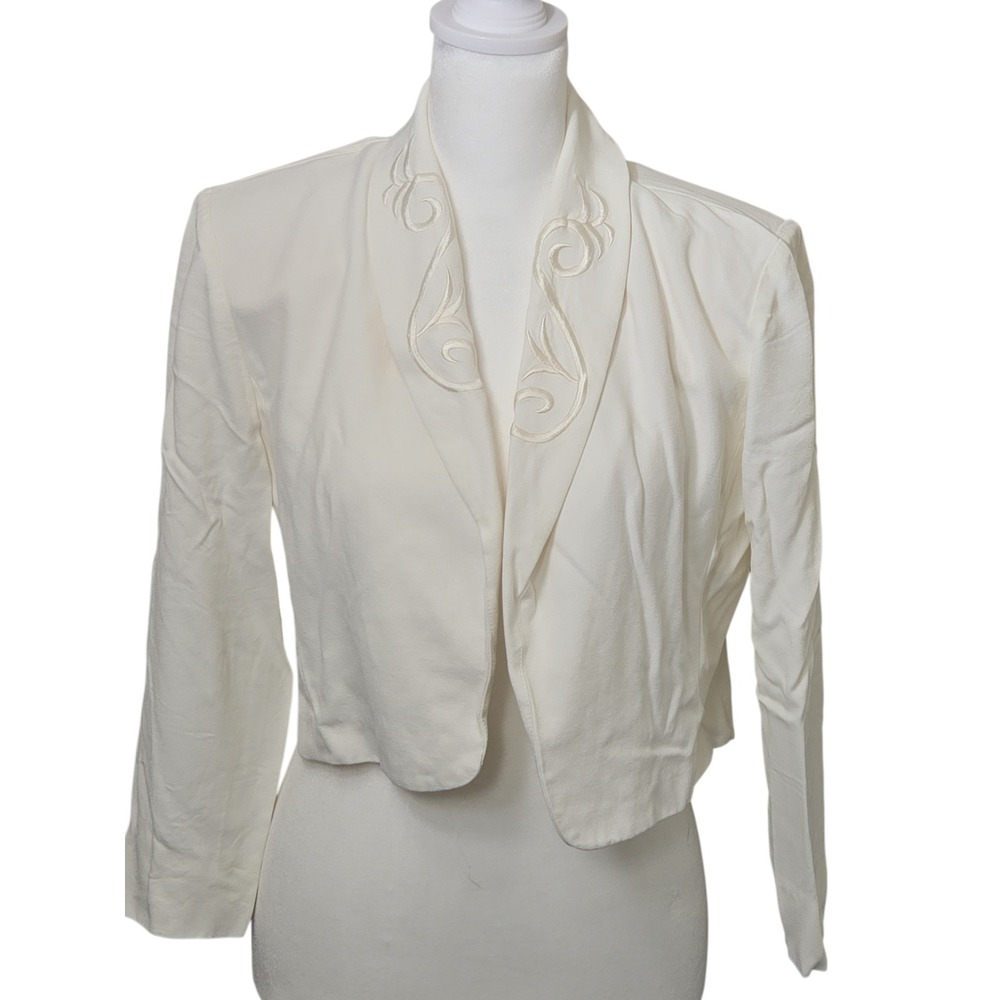 Petite Sophisticate Ivory Cropped Jacket Bolero Embroidered Womens Size 6P Retro